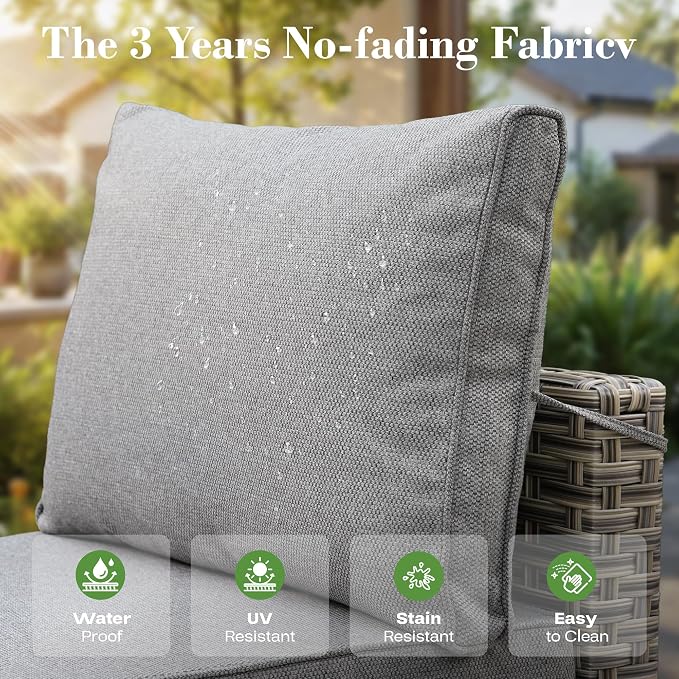 8 Pcs Patio Furniture with Fire Pit Table, Outdoor Rattan Wicker Conversation Set with Glowing Coffee Table, Comfy Sectional Sofa for Porch Balcony Backyard Pool, Grey