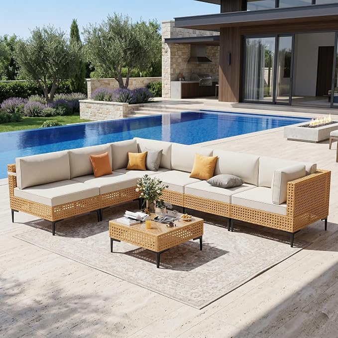 Patio Furniture Set 7 Piece Large Modular Outdoor Sectional Free Combination Outdoor Furniture with Thick Cushion All Weather Wicker Boho Patio Conversation Sets for Porch, Deck
