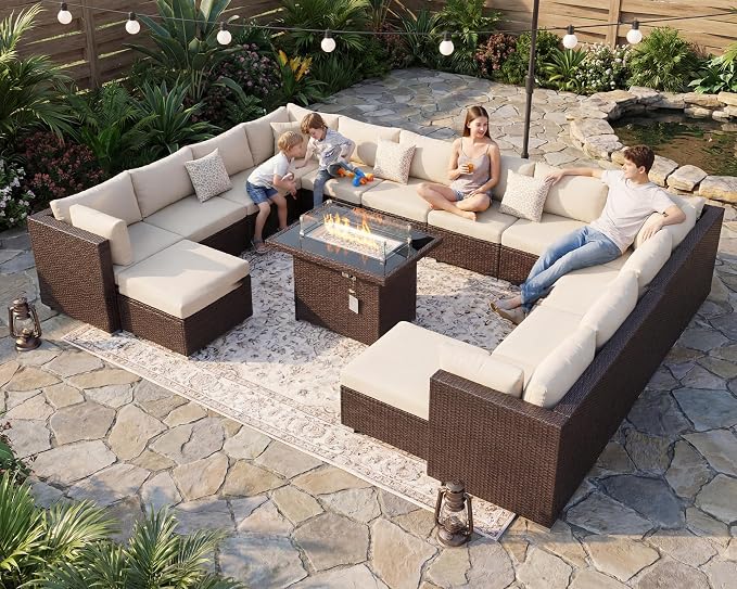 NICESOUL 15 Piece Outdoor Sectional with Fire Pit Table, Modern Luxury Patio Deep Seating w/Firepit, 29.3'' High-Back Wicker Couch Thick, Big High-Weight Capacity Sofa for Garden, Yard, Brown & Beige