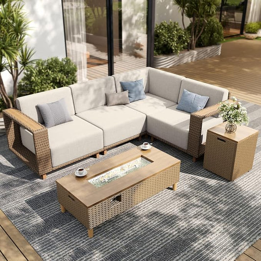 SUNSHINE VALLEY Patio Furniture Set, Sectional Outdoor Conversation Sets with Fire Pit & 10" Thick Cushions, 5 Pieces L Shaped Modular Yellow Rattan Wicker Sofa, Low Profile Lawn Garden Couch Set