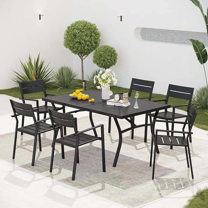 VICLLAX 63" Patio Dining Table for 6, Outdoor Rectangular Metal Table with Umbrella Hole for Porch Backyard Garden Deck, Black