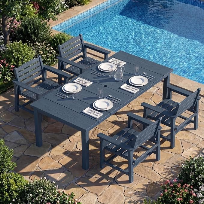 Kingdura 5 Piece Patio Dining Set for 4, 75.2'' HDPE Outdoor Dining Table Set with 2" Umbrella Hole, Weather-Resistant Outdoor Furniture, Table and Chairs Set for Backyard Pool Garden, Blue