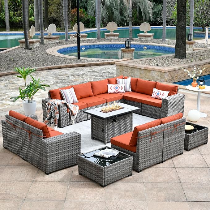 HOOOWOOO Outdoor Patio Sectional Furniture Sofa Set with Propane Fire Pit Table,13 Piece Large Modern Wicker Couch with Widened Armrest,Modular L Shaped Conversation Seating Set(Orange Red)