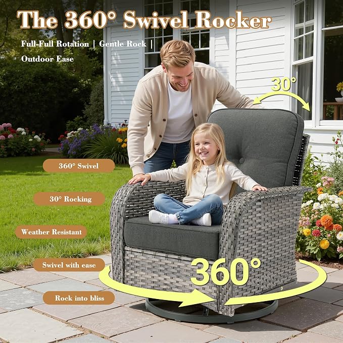 5 Pieces Patio Furniture Set, All Weather Rattan Patio Conversation Sets with Swivel Rocking Chairs, Coffee Table, High Back Outdoor Furniture Loveseat for Porch, Backyard, Black
