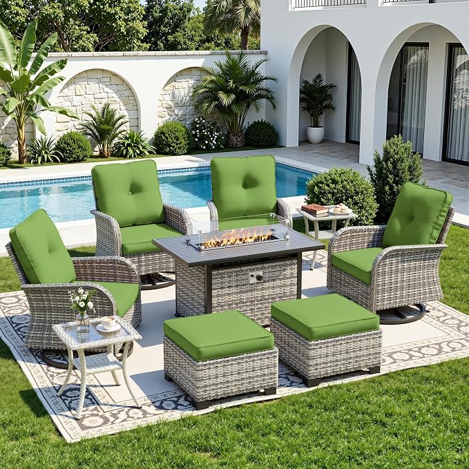 9-Piece Small Patio Furniture Set, Outdoor Swivel Rocking Chairs Set with 55,000 BTU Fire Pit Table Wicker Chairs and Ottomans, Patio Bistro Set for Balcony, Deck, Porch, Grass Green