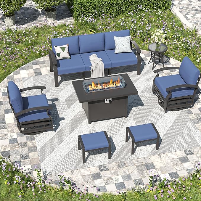 Kullavik Aluminum Patio Furniture Set,7 Piece Modern Metal Outdoor Patio Furniture w/5.1'' Thick Cushion,Swivel Chairs,Ottomans and Propane Fire Pit Table,Patio Conversation Sets for Porch,NavyBlue