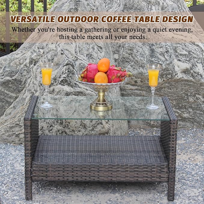 Outdoor Rattan Patio Side Tables, Wicker Table with Clear Tempered Glass Top, Patio End Tables with Storage Shelf, Outdoor Small Tables for Patio,Porch,Balcony,Backyard (Brown, 34.60 Inch)