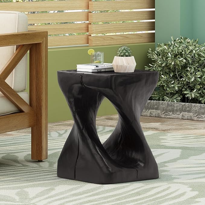 Faux Concrete Side Table Outdoor Faux Stone End Table, Round Outdoor Accent Tables, Garden Stool Plant Stand for Porch, Backyard, 11.75" x 11.75" x 16", Black
