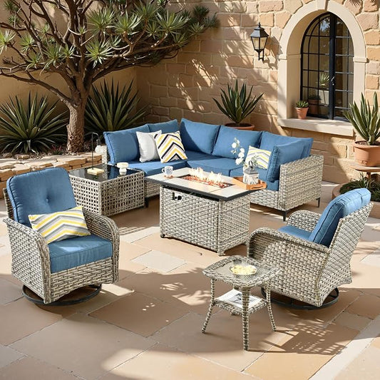 Outdoor Sectional Patio Furniture Set,9 Pieces All Weather Rattan Wicker Conversation Sets with Fire Pit,Out Door Furniture with Swivel Chairs Glowing Coffee Table,Denim Blue