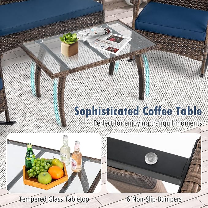 Tangkula 4 Piece Wicker Rocking Set, 2 Patio Rattan Rocker Chairs w/Loveseat & Coffee Table, Heavy-Duty Metal Frame & Bungee Rope Seat, Cushioned Patio Rattan Rocker Set for Porch, Poolside (1, Navy)