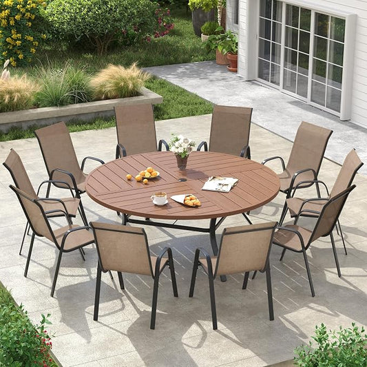 VICLLAX Round Outdoor Patio Dining Set for 10, Metal Slatted Patio Table with Umbrella Hole and 10 Stackable Patio Chairs for Deck Lawn Garden, Brown Fabric and Walnut Tabletop