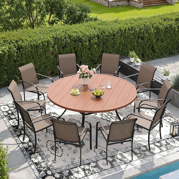 DIFY 11 Pieces Outdoor Patio Dining Set for 10, 60" Walnut Round Metal Dining Table and 10 Brown Stackable Sling Dining Chairs, Outdoor Table and Chairs for Lawn Garden Backyard Deck