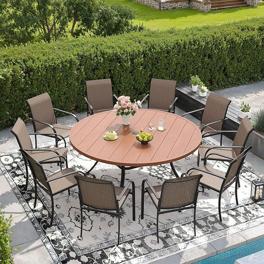 DIFY 11 Pieces Outdoor Patio Dining Set for 10, 60" Walnut Round Metal Dining Table and 10 Brown Stackable Sling Dining Chairs, Outdoor Table and Chairs for Lawn Garden Backyard Deck