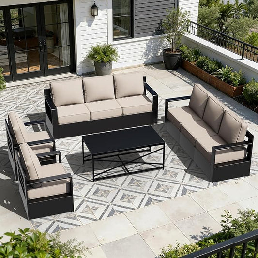 Outdoor Aluminum Furniture Set, 4-Piece Patio Conversation Set, 2 Chairs, 2 Sofa and 1 Table, All-Weather Metal Frame, 6" Thick Removable Cushions, Deep Setting for Garden, Poolside and Porch