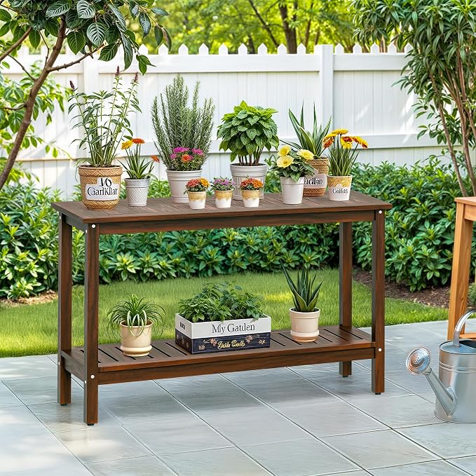 Wooden Console Table, 48in 2-Shelf Solid Wood Patio Side Table, Indoor Outdoor Buffet Bar Organizer with Foot Sliders (Espresso)