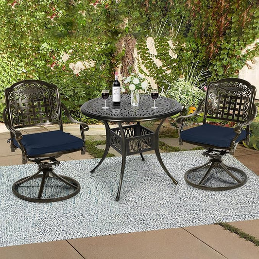 3-Piece Outdoor Patio Dining Set, All-Weather Cast Aluminum Patio Furniture Set for Backyard Garden Deck with 2 Swivel Cushioned Chairs and 35.4” Round Table, 2" Umbrella Hole, Navy Blue