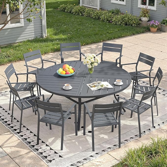Patio Dining Set for 10, Round 63.1" Patio Dining Table and Stackable Outdoor Dining Chairs Outdoor Furniture for Backyard Porch Deck, Spliced Dark Grey Table and Grey Chairs