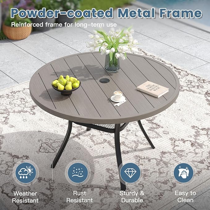 DIFY 5 Piece Outdoor Dining Set for 4, Outdoor Furniture Set of 4 Sandshell Textilene Swivel Patio Chairs, 47.2" Grey Wood-Like Round Metal Dining Table Set with Umbrella Hole for Garden Deck Backyard