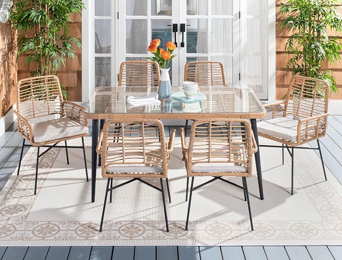 SAFAVIEH Outdoor Collection Beson Brown/Beige 7-Piece Dining Set PAT9010C-3BX