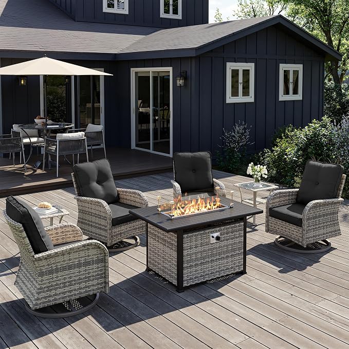 7Pcs Patio Rocking Swivel Chair with 55,000 BTU Fire Pit Table Outdoor Wicker Rattan Bistro Set with Side Table, Outdoor Patio Furniture Set Rocker for Garden and Balcony, Dark Grey