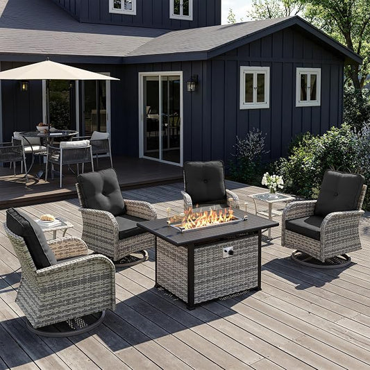 7Pcs Patio Rocking Swivel Chair with 55,000 BTU Fire Pit Table Outdoor Wicker Rattan Bistro Set with Side Table, Outdoor Patio Furniture Set Rocker for Garden and Balcony, Dark Grey