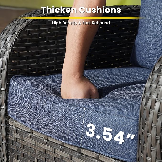 3 Pieces Patio Furniture Set, Outdoor Swivel Rocker Patio Chairs with Coffee Table, All Weather Thickened Cushion Patio Conversation Set for Porch Balcony Deck Poolside Garden Sunroom, Denim Blue