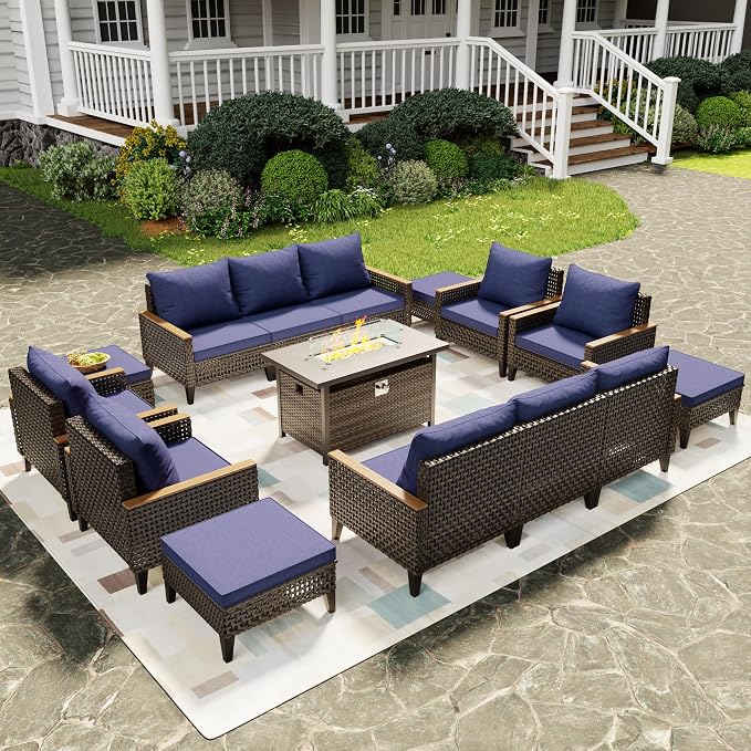 15 Piece Patio Furniture Set with 50000 BTU Propane Fire Pit Table, All-Weather Wicker Rattan Outdoor Sectional Sofa Set with High Back and Thick Cushions for Garden, Porch, Poolside, Blue