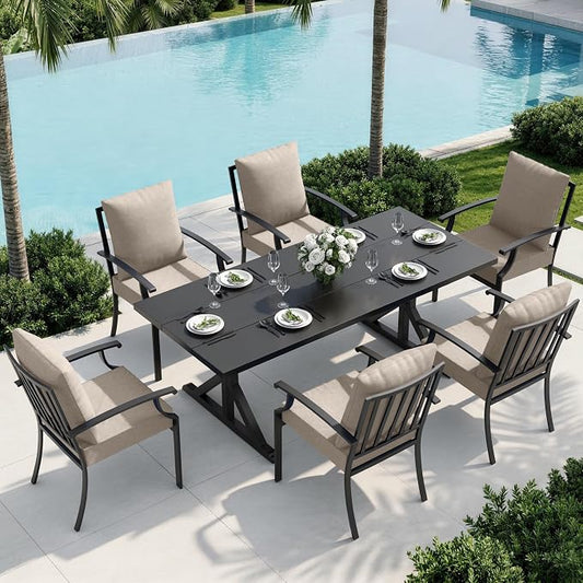 7 Piece Outdoor Dining Set for 6, Metal Patio Table and Chairs with Cushions, Patio Furniture Set with 6 Stackable Chairs, Rectangular Metal Dining Table with Umbrella Hole, Lawn Deck Yard-Sand