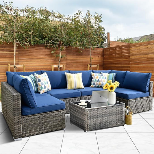 HOOOWOOO Patio Outdoor Sectional Furniture Sofa Set,7 Piece U Shaped Corner Wicker Rattan Couch Set,Rustic 6 Persons Summer Patio Conversation Set for Outside Porch Deck Garden(Navy Blue)