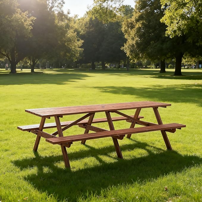12-Person Picnic Table Set, 95-Inch Extra Large Outdoor Wooden Table with Benches & Umbrella Hole, Rustic Brown Patio Furniture for Garden, Backyard (Brown, 94.5")