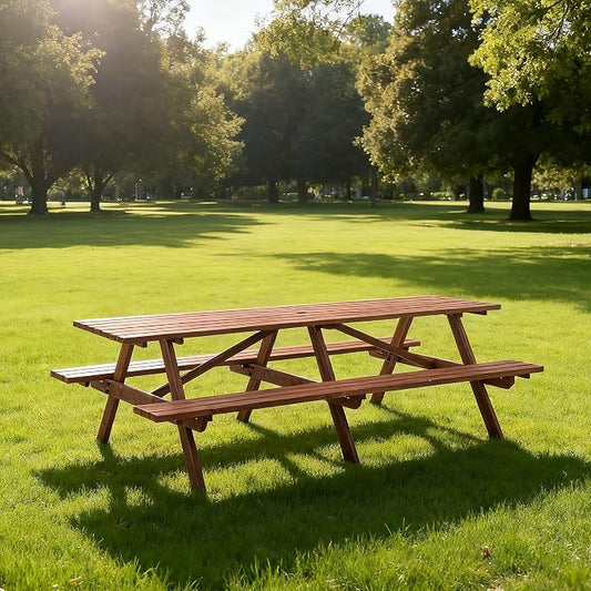 12-Person Picnic Table Set, 95-Inch Extra Large Outdoor Wooden Table with Benches & Umbrella Hole, Rustic Brown Patio Furniture for Garden, Backyard (Brown, 94.5")