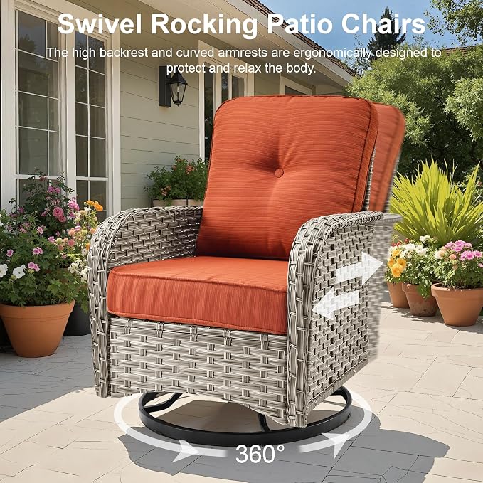 Outdoor Patio Furniture Sets,11 PCS Patio Conversation Set Outside Rattan Sectional Sofa with 54 in Fire Pit Table Wicker Rocking Chair Coffee Table Fit Backyard Porch Garden Poolside Balcony