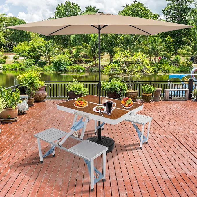 Folding Picnic Table with 4 Seats and Umbrella Hole, Portable Camping Picnic Table Set, Folding Lightweight Suitcase Card Table for Barbecue, Travel, Outing, Gathering