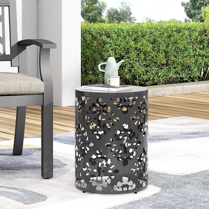 14" Cylindrical Side Table with Floral Iron Cut, Stylish End Table with Powder-Coated Iron, Practical Accent Table with No Assembly for Outdoor Patio Garden, Black