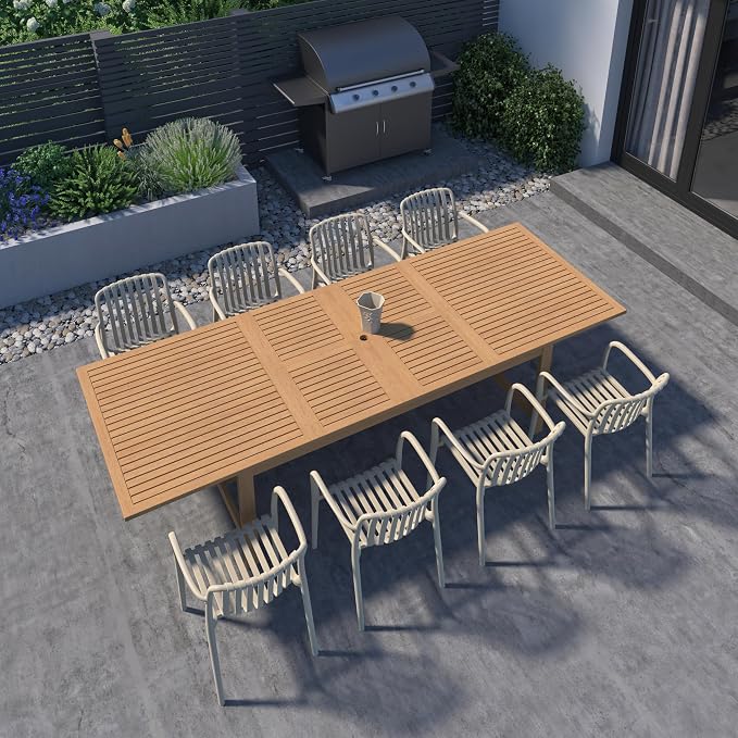 Urban Elements Frida Rectangular Extendable Patio Furniture Set | 100% Certified Teak Finish | Backyard Furniture, Outside Table and Chairs, Rectangular Outdoor Dining Set (Sand, 9-Piece)