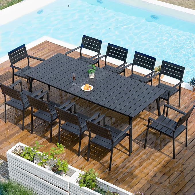 11-Piece Outdoor Dining Set for 10 Person with Black Wood-Grain Top | Armrest Stackable Chairs with 19.4" Seat Depth, Aluminum Frame Dining Furniture with Umbrella Hole for Deck, Porch & Backyard