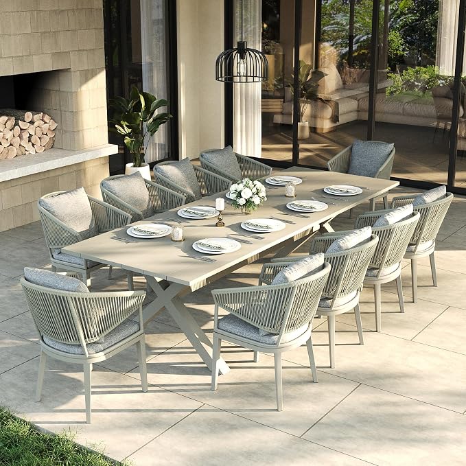LayinSun 11 Piece Outdoor Dining Table Set, Aluminum Modern Rectangular Dining Table and All-Weather Wicker Chairs Set for Patio Deck Indoor Decor Kitchen