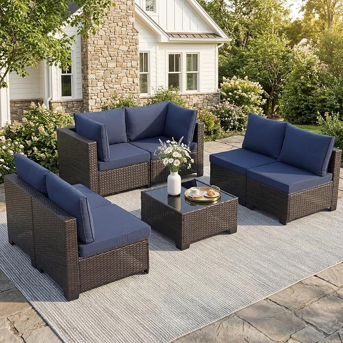 ANJ 7 Piece Outdoor Wicker Patio Furniture Set, Modular Loveseat Sofa with with Glass Top Coffee Table, All-Weather Rattan Conversation Couch Set for Balcony, Backyard, Dark Brown Wicker-Blue