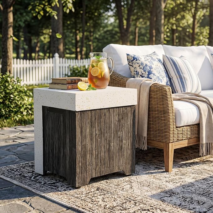 COSIEST Outdoor Propane Tank Cover Table with Wood Grain Design, 16 inch Outside Hideaway Tank Table, Hides Standard 20lb Tank, Black & White