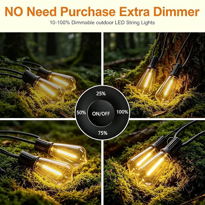 Outdoor String Lights 50FT 26 LED, Waterproof Dimmable Patio Lights | Remote Control, Shatterproof Edison ST38 Bulbs, Timer, Plug-In, Warm White Hanging Light for Garden Yard Porch Deck Decor