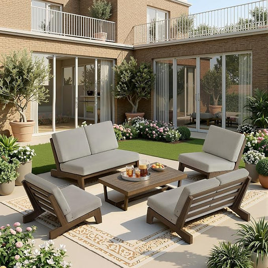 5 Pieces All Weather Wood Patio Furniture Sets, 2 Patio Loveseat, 2 Patio Bistro Chair, Outdoor Sectional Sofa Furniture Backyard Conversation Set with Coffee Table - Light Camel