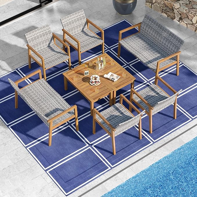 HAPPYGRILL 8-Piece Patio Furniture Set, PE Rattan Patio Bistro Set with Loveseat, Single Chairs & Coffee Table, Outdoor Acacia Wood Conversation Set for Garden, Backyard, Poolside & Porch