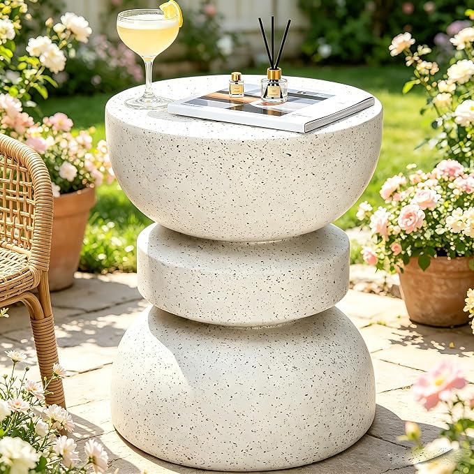 18" Outdoor Side Table, Modern Hourglass Garden Stool in Painted Faux Terrazzo-Look, Patio Coffee Accent Table Decorative, Durable Weatherproof MGO & Easy Assembly Round Table for Room Porch