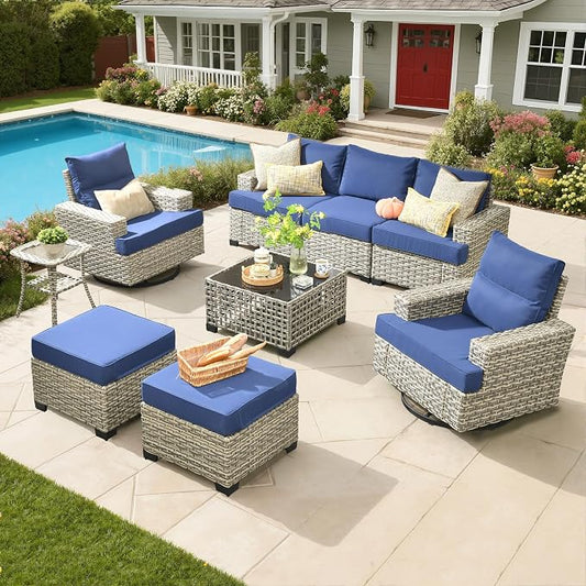 Rattan Patio Furniture Set with Swivel Chairs,9 Pieces Outdoor Sectional with Ottoman Glowing Coffee Table,Out Door Furniture Conversation Set,Navy Blue