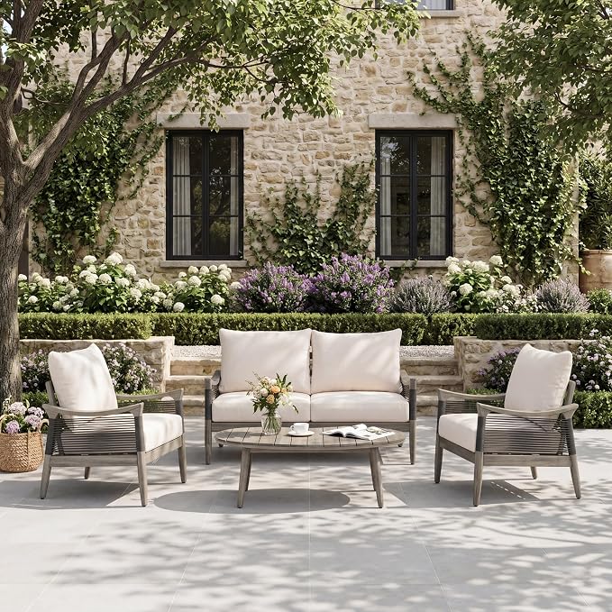 Christopher Knight Home Havets 4 Piece Patio Conversation Sets, Outdoor Acacia Wood Patio Seating Group,Woven Rope Loveseat Chairs with Cushions and Coffee Table for Porch Backyard Balcony, Gray+Beige