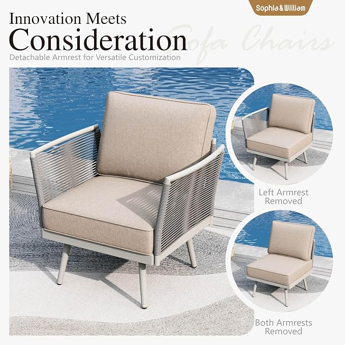 Sophia & William 2-Seat Patio Furniture Set, Outdoor Conversation Chairs of 2 with Classic Rope PE Rattan, All-Weather Sofa with Anti-Rust Frame and Olefin Cushions