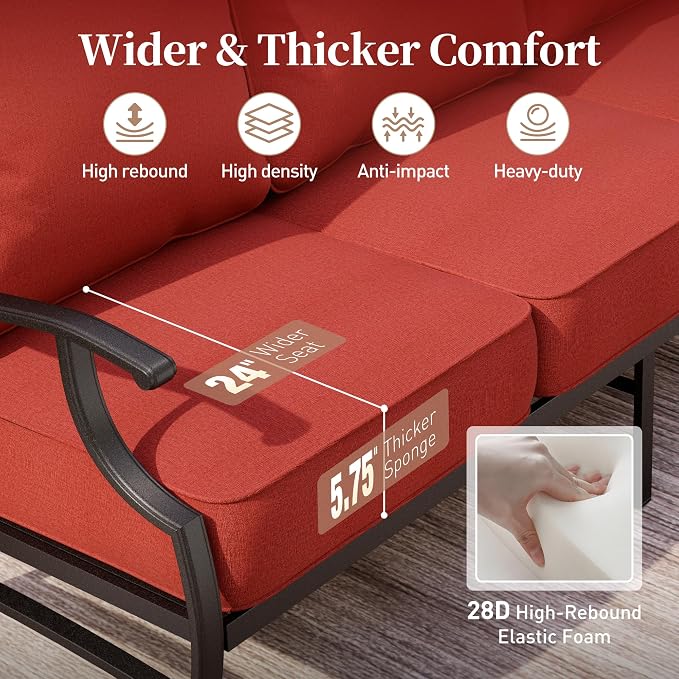 SUNSHINE VALLEY 7 Piece Metal Outdoor Patio Furniture Set, Patio Conversation Sets 3-Seater Sofa, 2 Rocking Chair, 2 Ottomans with 5.75" Thick Cushion, Black All-Weather Frame Backyard Furniture, Red