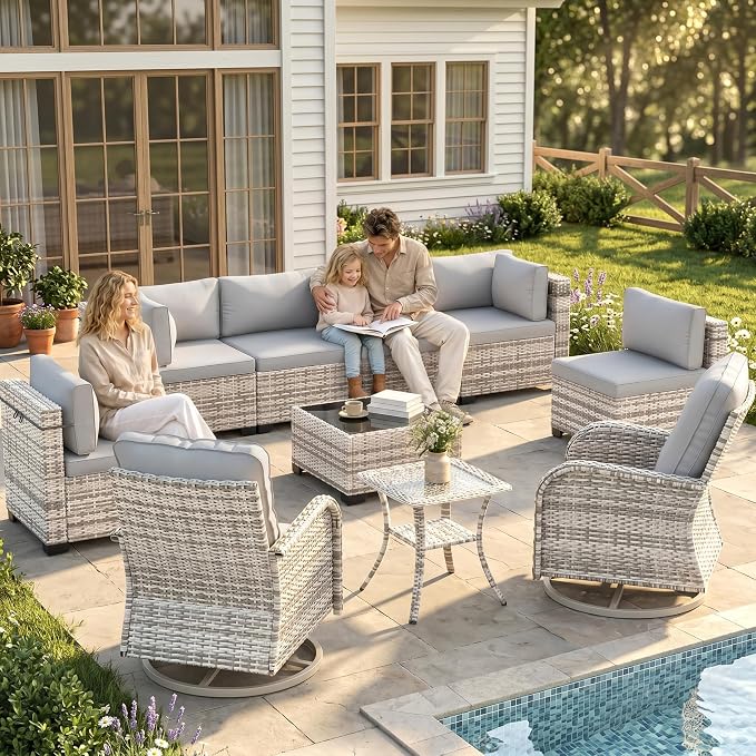 10-Piece Patio Furniture Set, Outdoor Patio Furniture with Swivel Chairs Set, Thick Cushions, Modular Patio Sofa, Dual-Strand Wicker Rattan, Rust-Resistant Frame, Grey