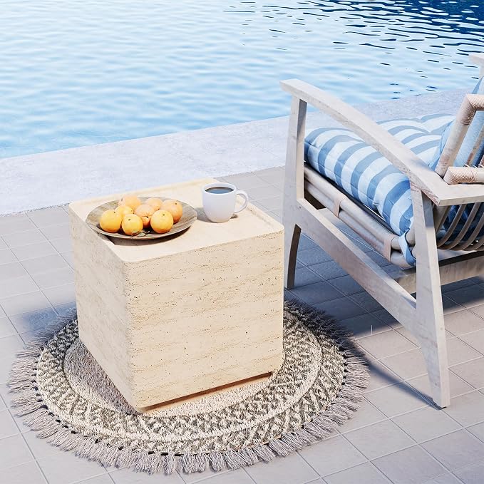 HOMPUS Outdoor Side Table Rectangular, Concrete Cement Side Table Lightweight MgO End Table, Patio Accent Coffee Table Garden Tool for Patio, Porch and Deck, Milky Yellow