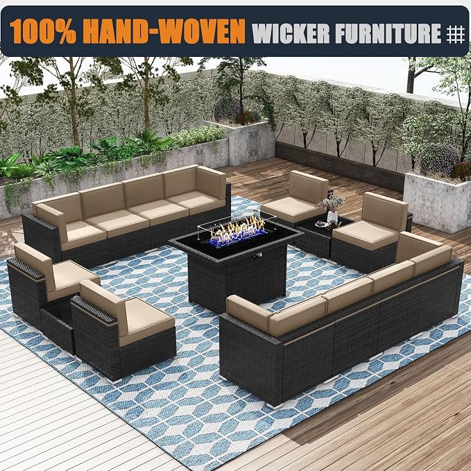 Patio Furniture Set with Fire Pit Table, 15 Pieces Outdoor All-Weather Wicker Conversation Sectional Chair Sofa Set